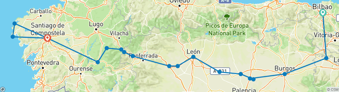 Image of a map showing the route of the tour
