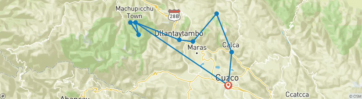 Carte du circuit Trek Lares et Machu Picchu - 7 jours