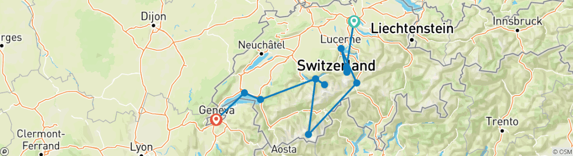 Image of a map showing the route of the tour
