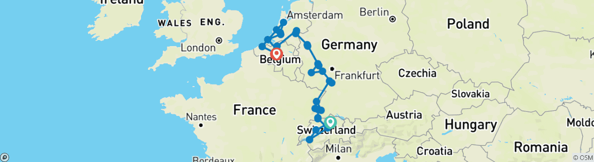 Carte du circuit Le Rhin et la Moselle romantiques, avec la Suisse et la Belgique enchanteresse 2027 – 22 jours