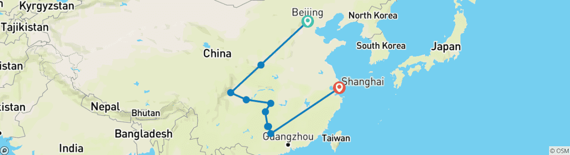Image of a map showing the route of the tour