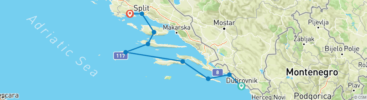 Image of a map showing the route of the tour