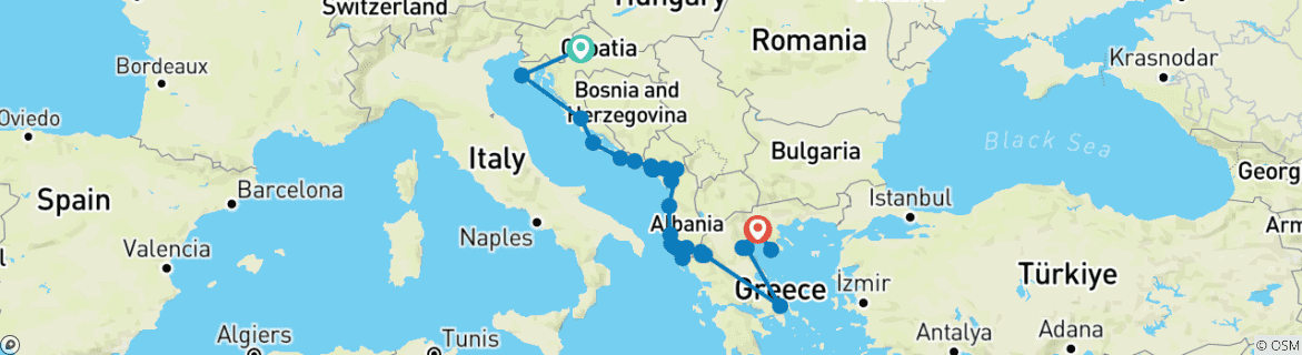 Image of a map showing the route of the tour