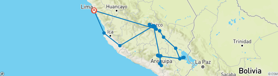Image of a map showing the route of the tour