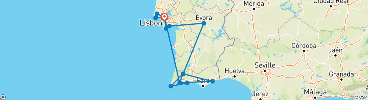 Image of a map showing the route of the tour