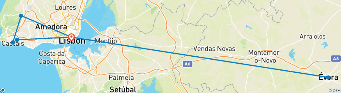 Image of a map showing the route of the tour