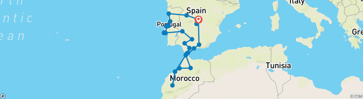 Kaart van Spanje, Portugal en Marokko Experience - 21 dagen