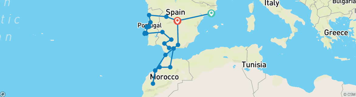 Karte von Spanien, Portugal und Marokko Panorama (Superior) - 22 Tage