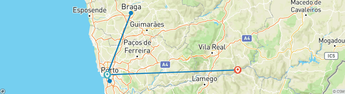 Kaart van 3-daagse eet- en wijnreis in kleine groep: Porto, Braga & Douro