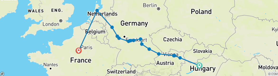 Carte du circuit Joyaux de l'Europe avec Paris 2027 - 18 jours (from Budapest to Paris)