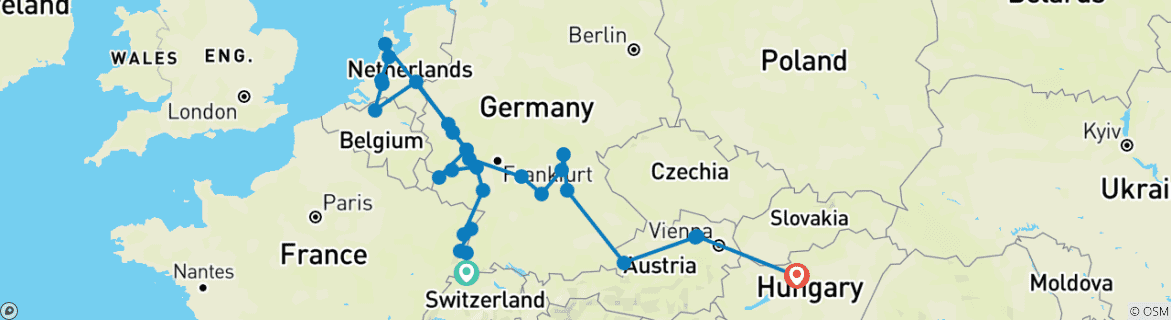 Carte du circuit Joyaux de l'Europe & Rhin romantique et Moselle 2027 - 29 jours