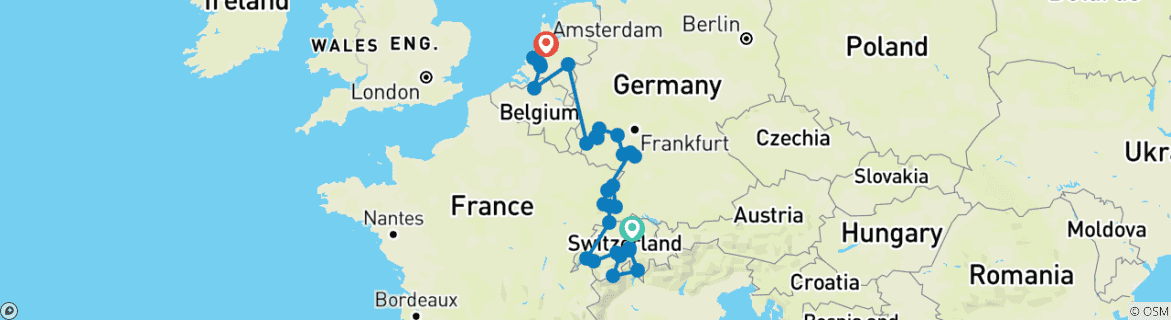 Foto van een kaart met de route van de rondreis