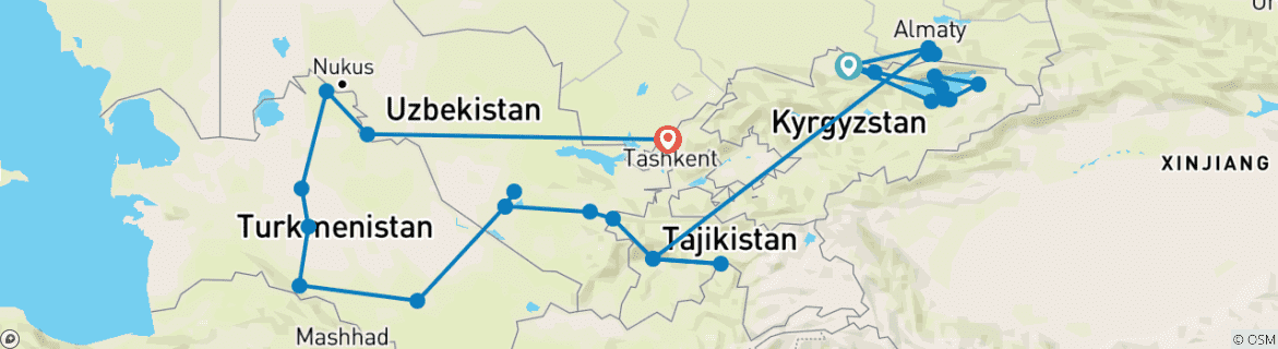 Mapa de Viaje personalizado de 21 días por Asia Central, con guía y conductor privados