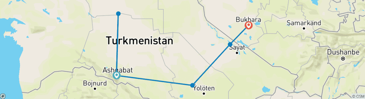 Carte du circuit 5 jours au Turkménistan, d'Achgabat à Boukhara