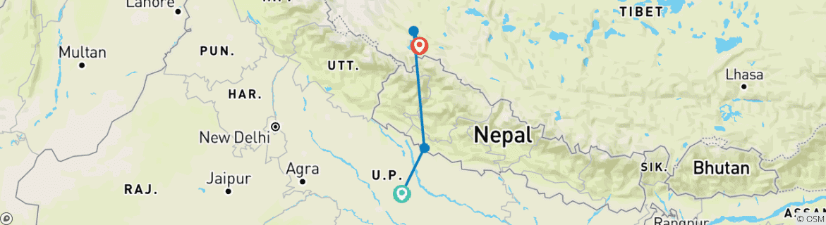 Carte du circuit Darshan aérien du mont Kailash par vol affrété - 3 jours