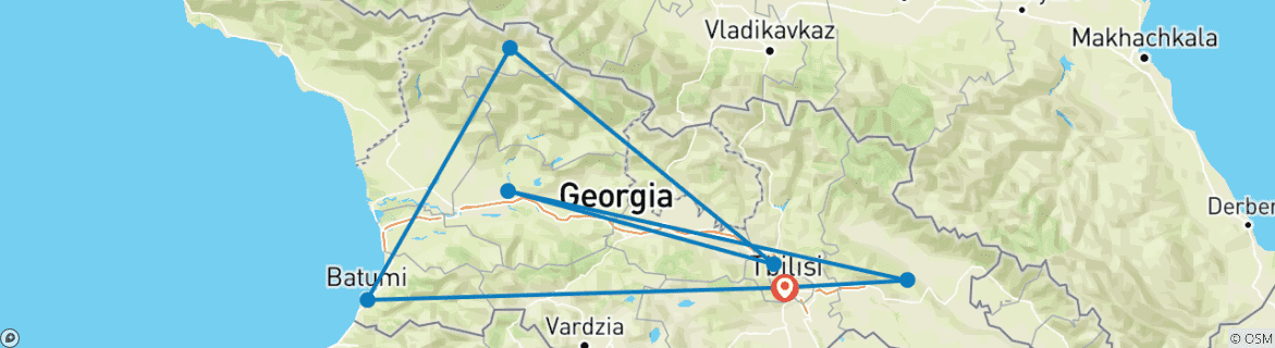 Image of a map showing the route of the tour