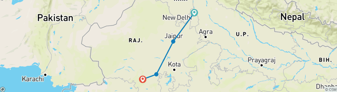 Image of a map showing the route of the tour