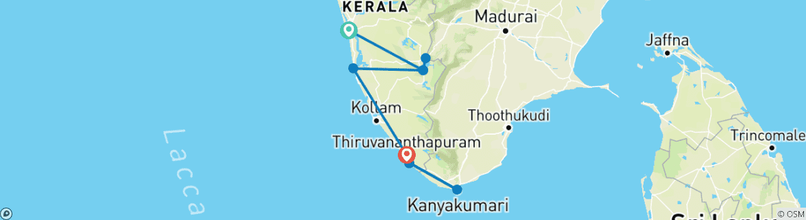 Carte du circuit Kerala Enchanting Trails By G Experiences (en anglais)