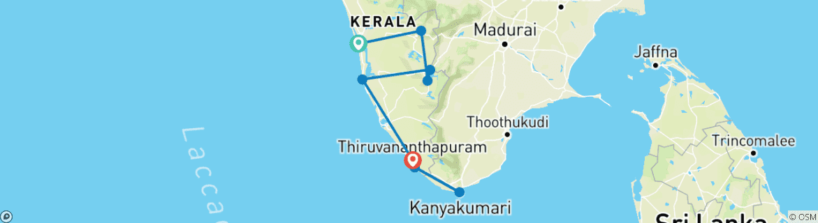 Carte du circuit Kerala Amazing Trails By G Experiences (en anglais)
