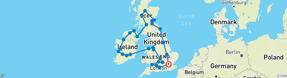 Image of a map showing the route of the tour