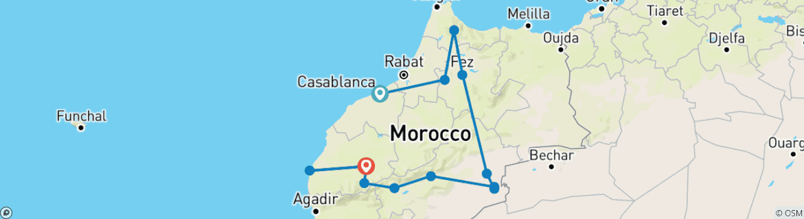 Image of a map showing the route of the tour