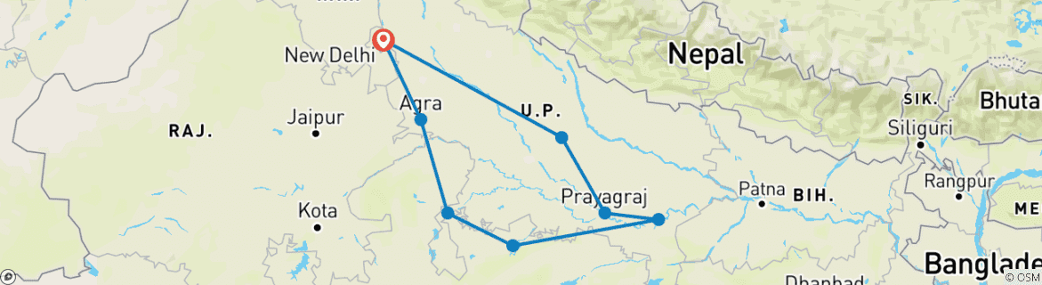 Image of a map showing the route of the tour