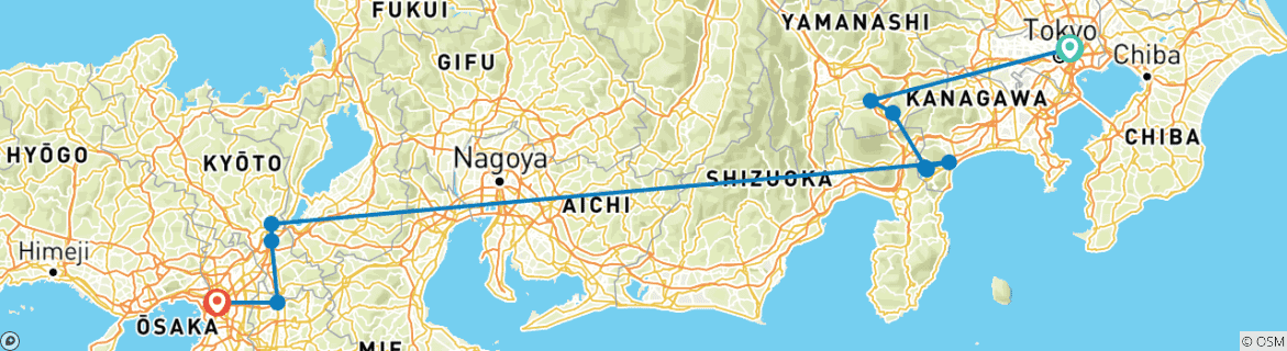 Image of a map showing the route of the tour