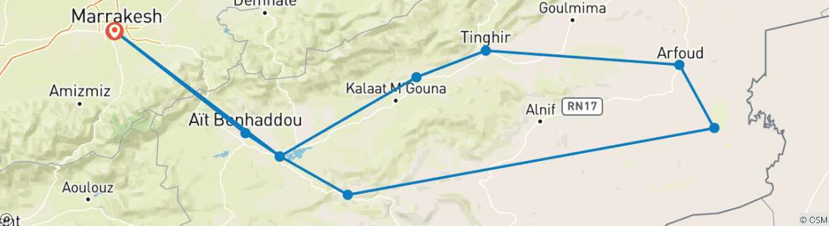 Image of a map showing the route of the tour