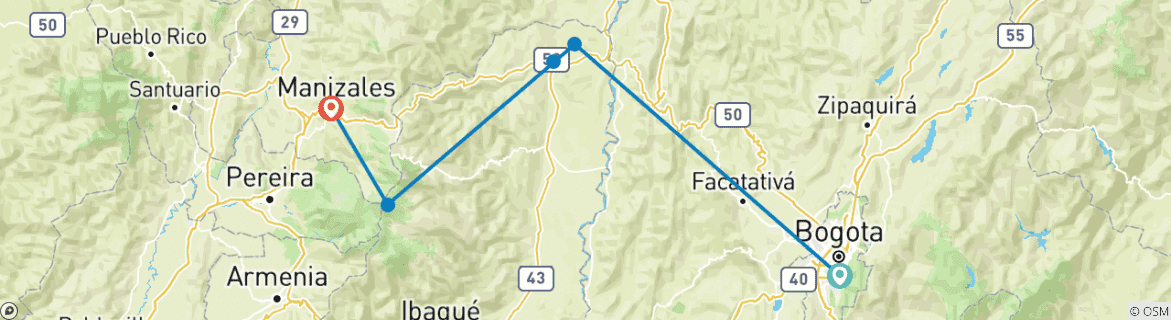Mapa de Puentes, Volcanes y Caminos del Café: Un viaje en bicicleta por Colombia