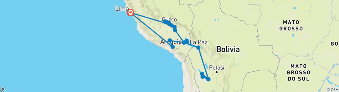Carte du circuit Exploration des Andes - Expérience culturelle au Pérou et en Bolivie 20 jours