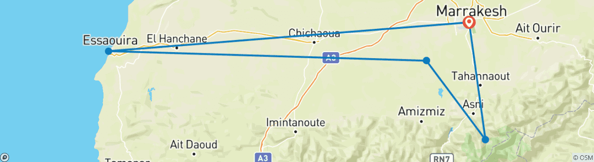 Image of a map showing the route of the tour