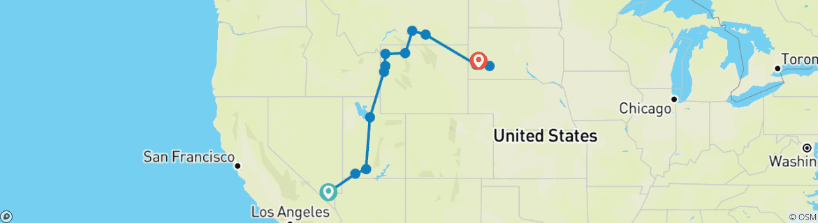 Image of a map showing the route of the tour