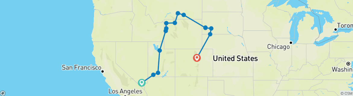 Image of a map showing the route of the tour