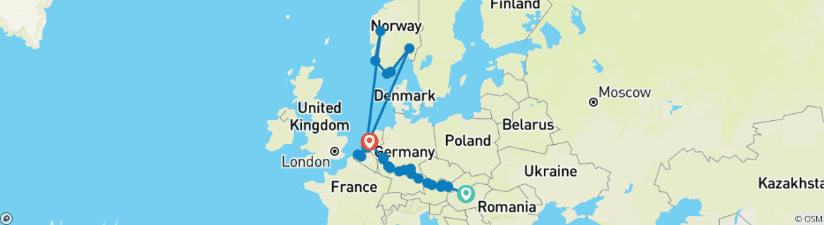 Carte du circuit Joyaux européens, Belgique et fjords norvégiens Budapest → Amsterdam (2027)
