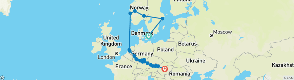 Carte du circuit Scandinavie en train avec des joyaux européens Copenhague → Budapest (2027)