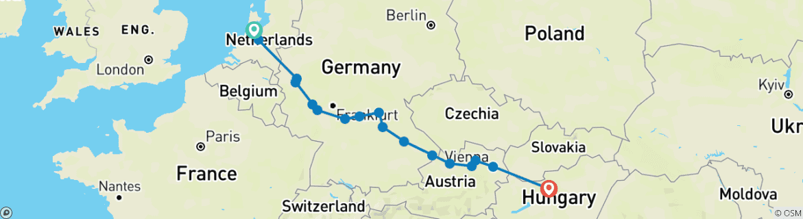 Carte du circuit Joyaux européens avec Budapest Amsterdam → Budapest (2027)