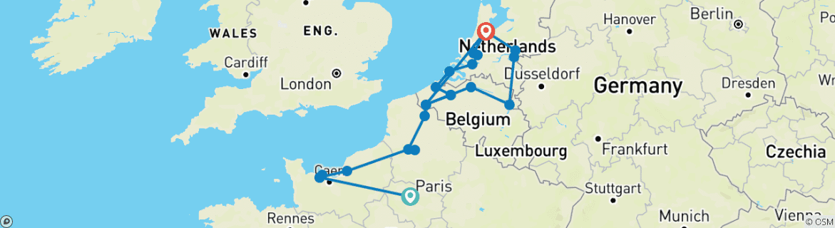 Image of a map showing the route of the tour