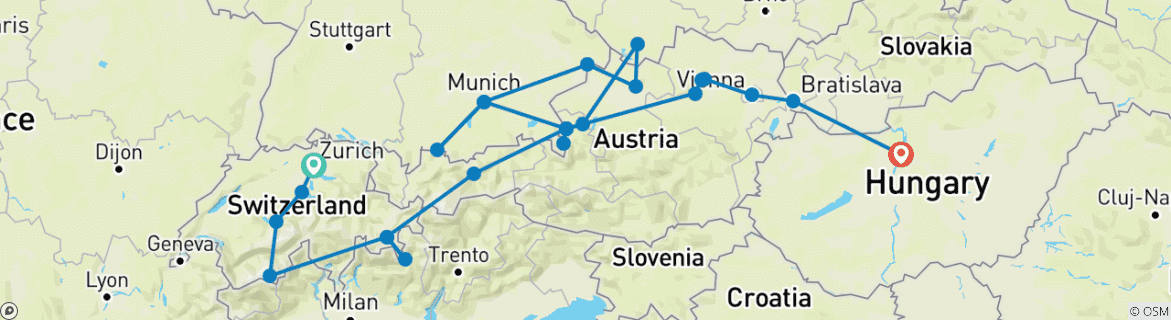 Image of a map showing the route of the tour