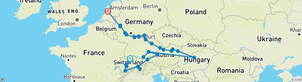 Carte du circuit Découverte des Alpes en train avec les joyaux de l'Europe Zurich → Amsterdam (2027)