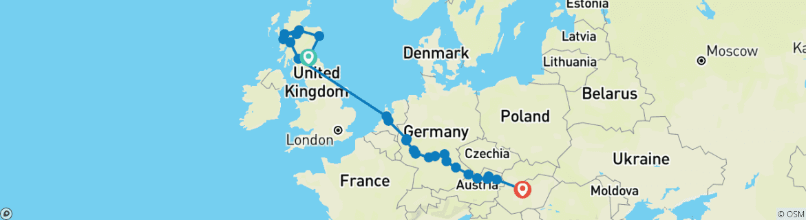Carte du circuit L'Écosse en train avec les joyaux européens Édimbourg → Budapest (2027)
