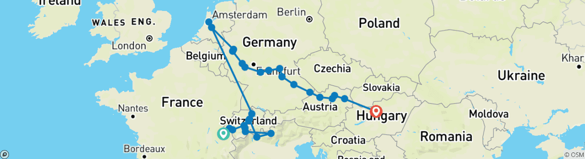 Carte du circuit La Suisse en train avec les joyaux européens Genève → Budapest (2027)