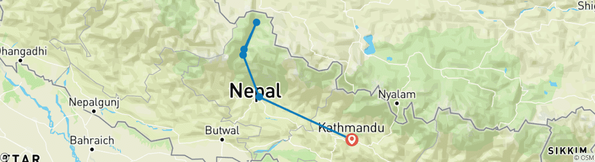 Carte du circuit 14 jours de trekking dans le Haut Mustang