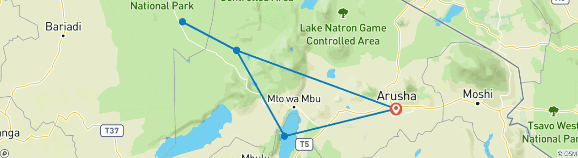 Image of a map showing the route of the tour