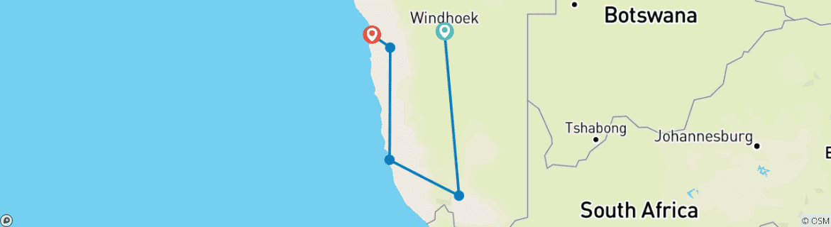 Image of a map showing the route of the tour