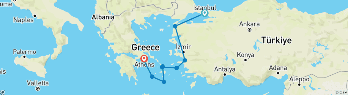 Image of a map showing the route of the tour