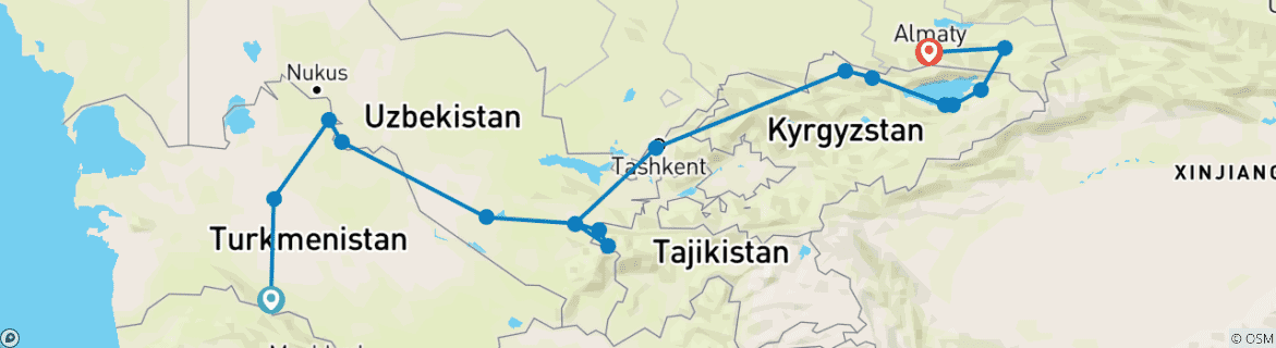 Image of a map showing the route of the tour