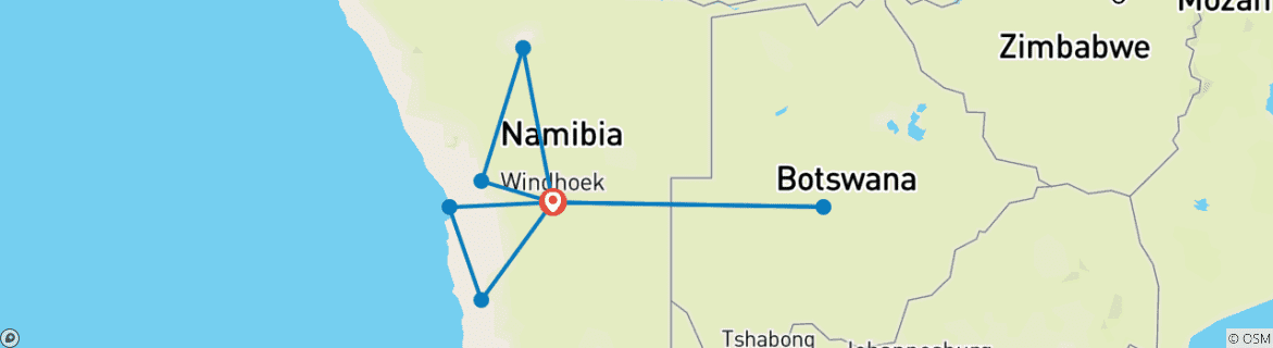 Kaart van 15 -DAGEN NAMIBIË HOOGTEPUNTEN-SOSSUSVLEI, ERONG EN ETOSHA