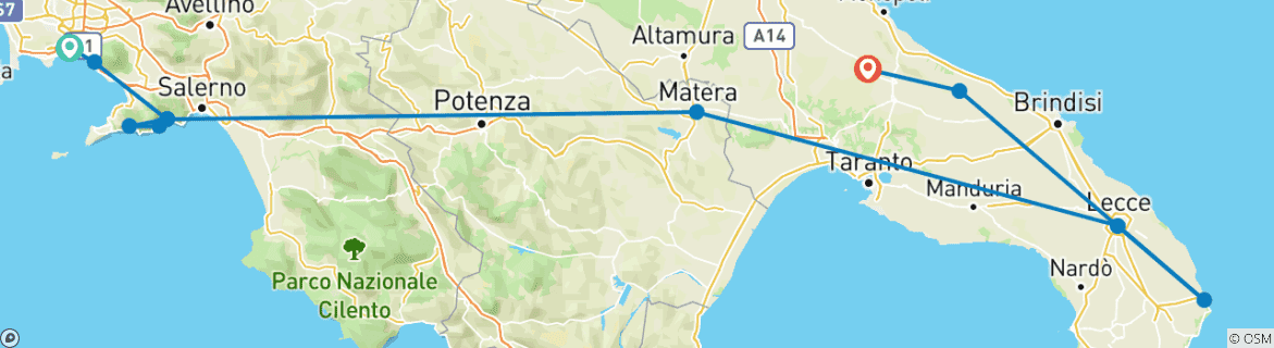 Image of a map showing the route of the tour