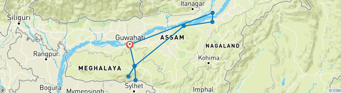Image of a map showing the route of the tour