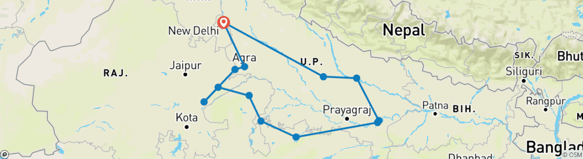 Image of a map showing the route of the tour